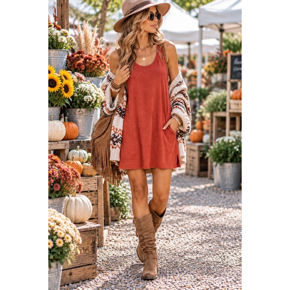 NWT Earthy Rust Orange Boho‎ Fall Cotton Dress Sleeveless Small Knot Sisters
